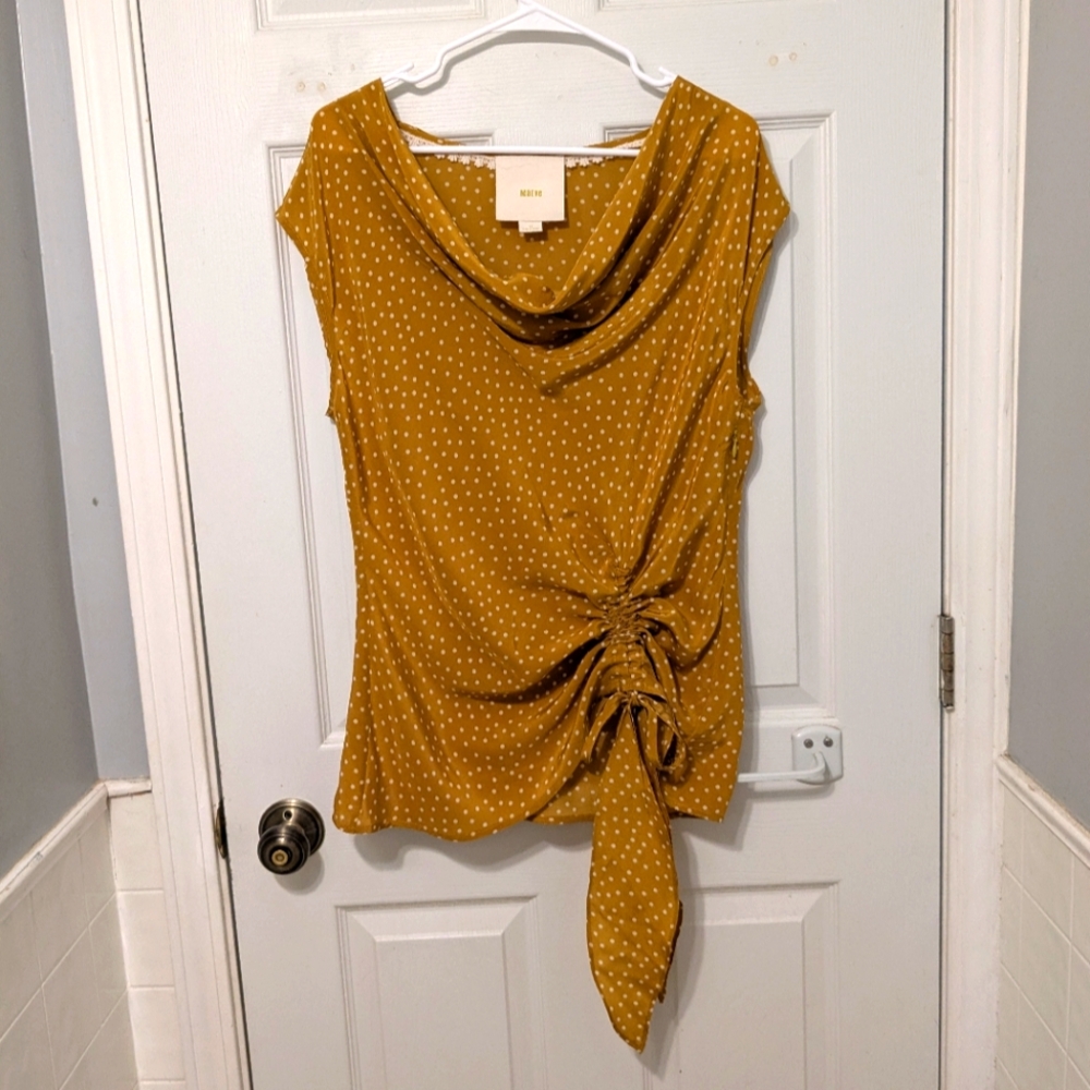 Anthropologie Maeve 100% Silk Polka Dot Drape Neck Blouse in Mustard Size 10